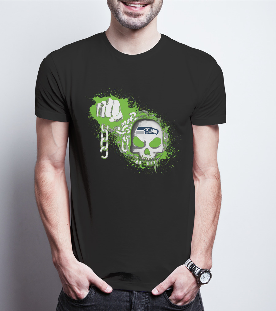 Seattle Seahawks Skull With Green Splatter And Chain Fist T-Shirt