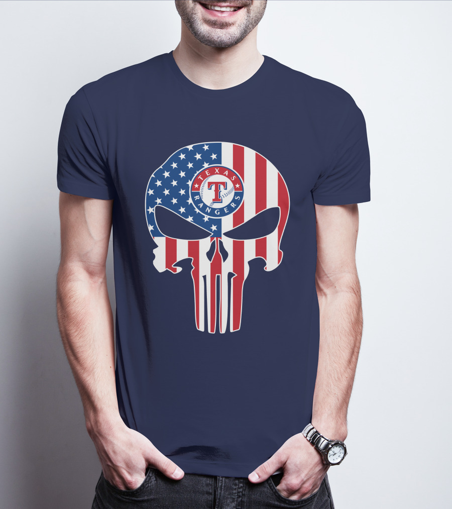 Texas Rangers Punisher Skull American Flag T-Shirt