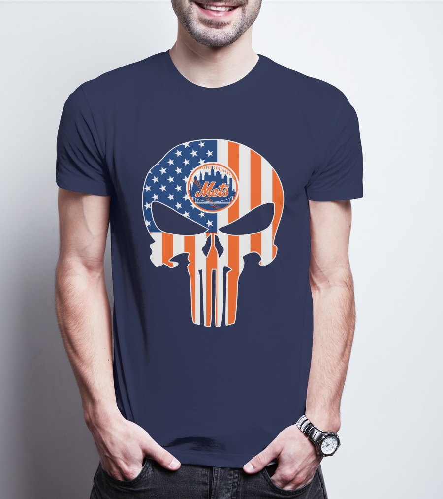 New York Mets Punisher Skull American Flag T-Shirt