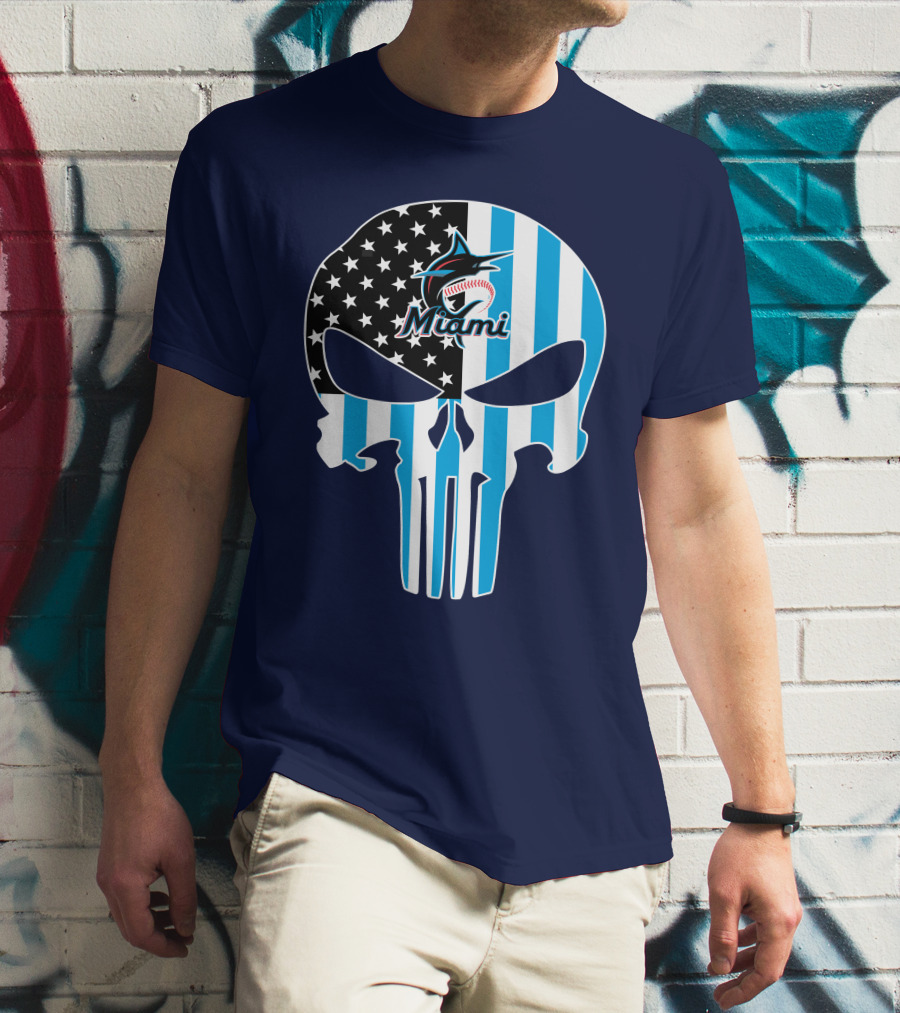 Miami Marlins Punisher Skull American Flag Fusion T-Shirt