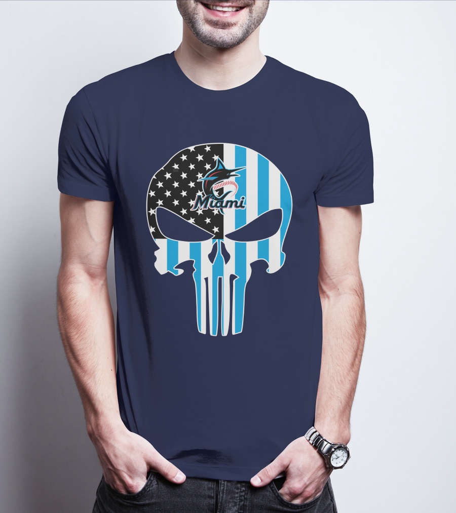 Miami Marlins Punisher Skull American Flag Fusion T-Shirt
