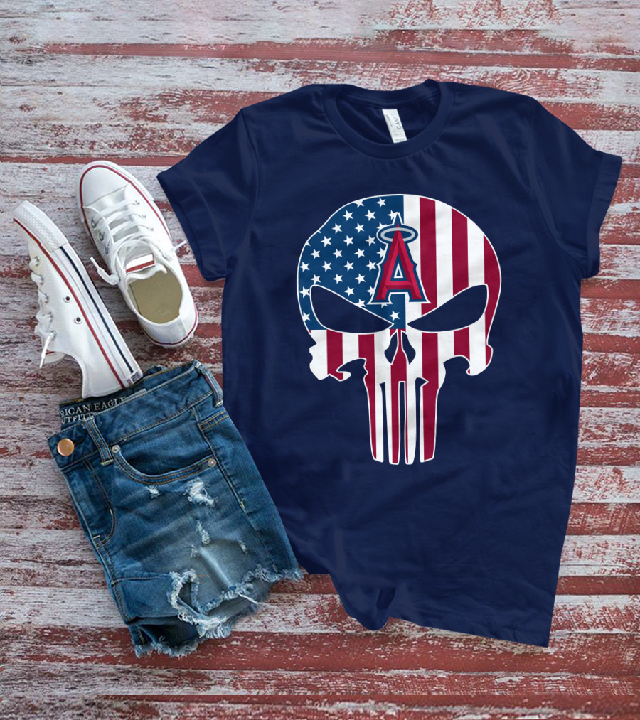Los Angeles Angels Punisher Skull American Flag T-Shirt