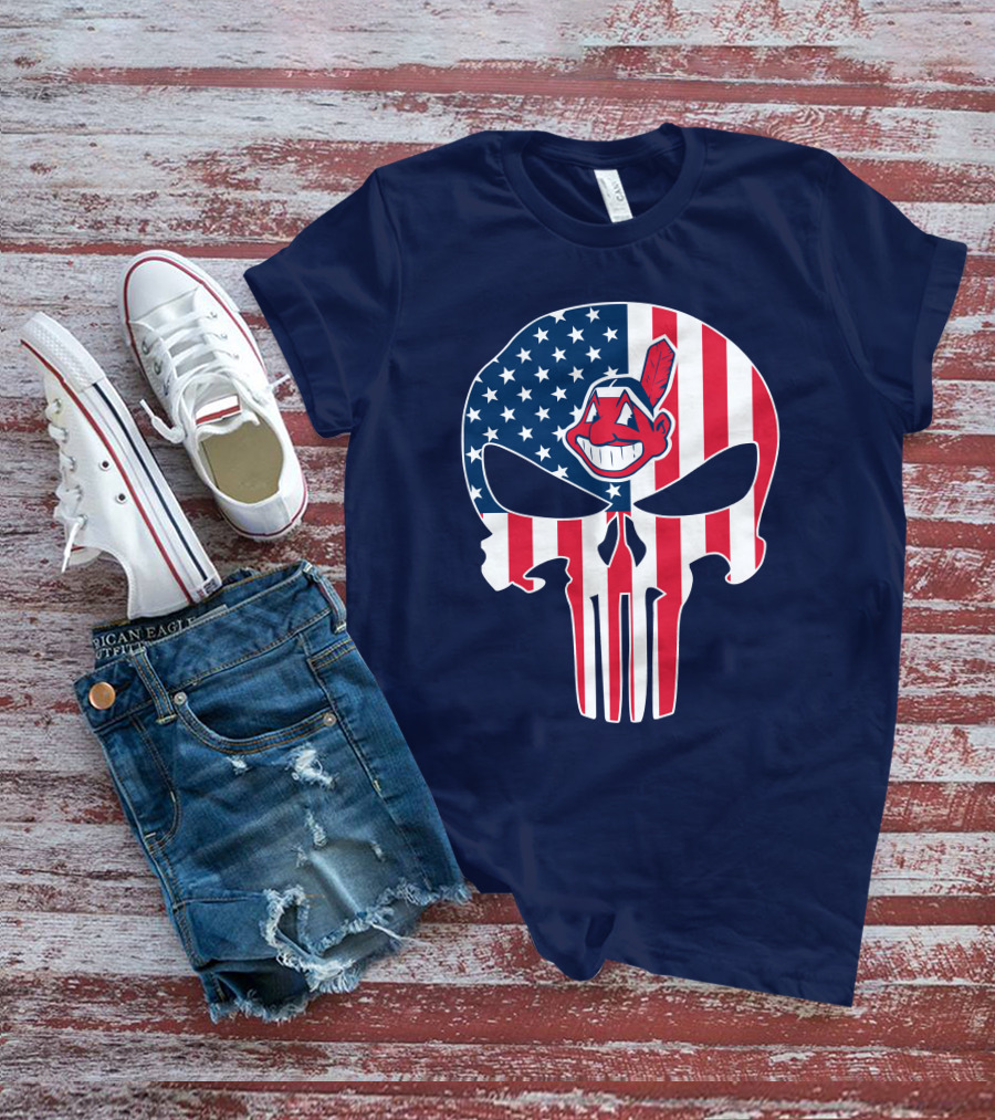 Indians The Punisher Skull American Flag Red White Blue T-Shirt