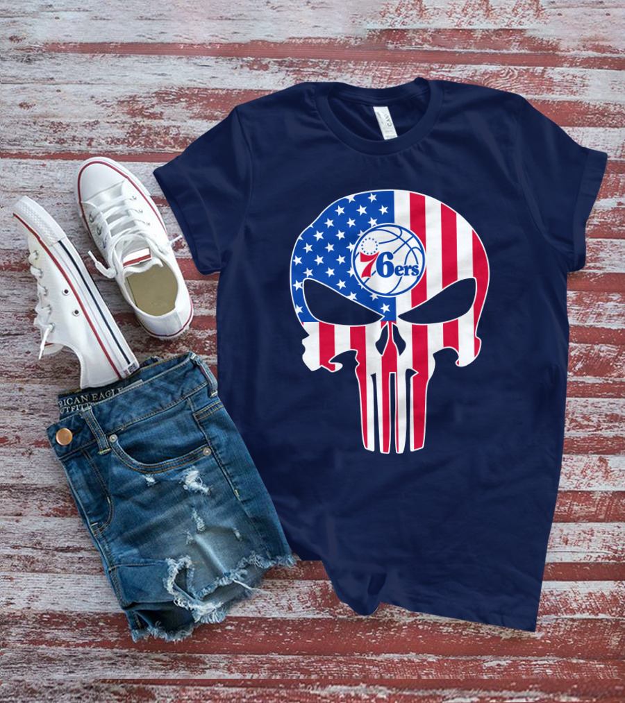 Philadelphia 76ers American Flag Punisher Style Skull T-Shirt