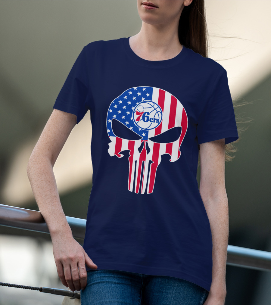 Philadelphia 76ers American Flag Punisher Style Skull T-Shirt