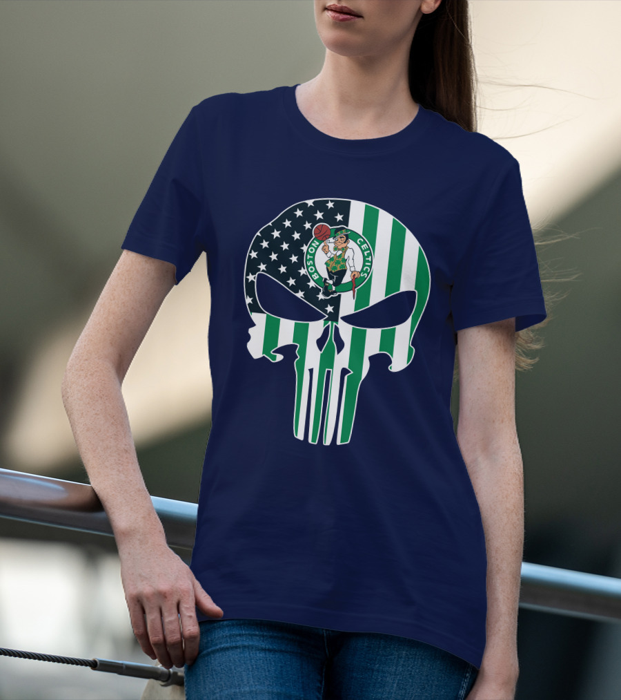 Boston Celtics Punisher Logo American Flag Skull T-Shirt