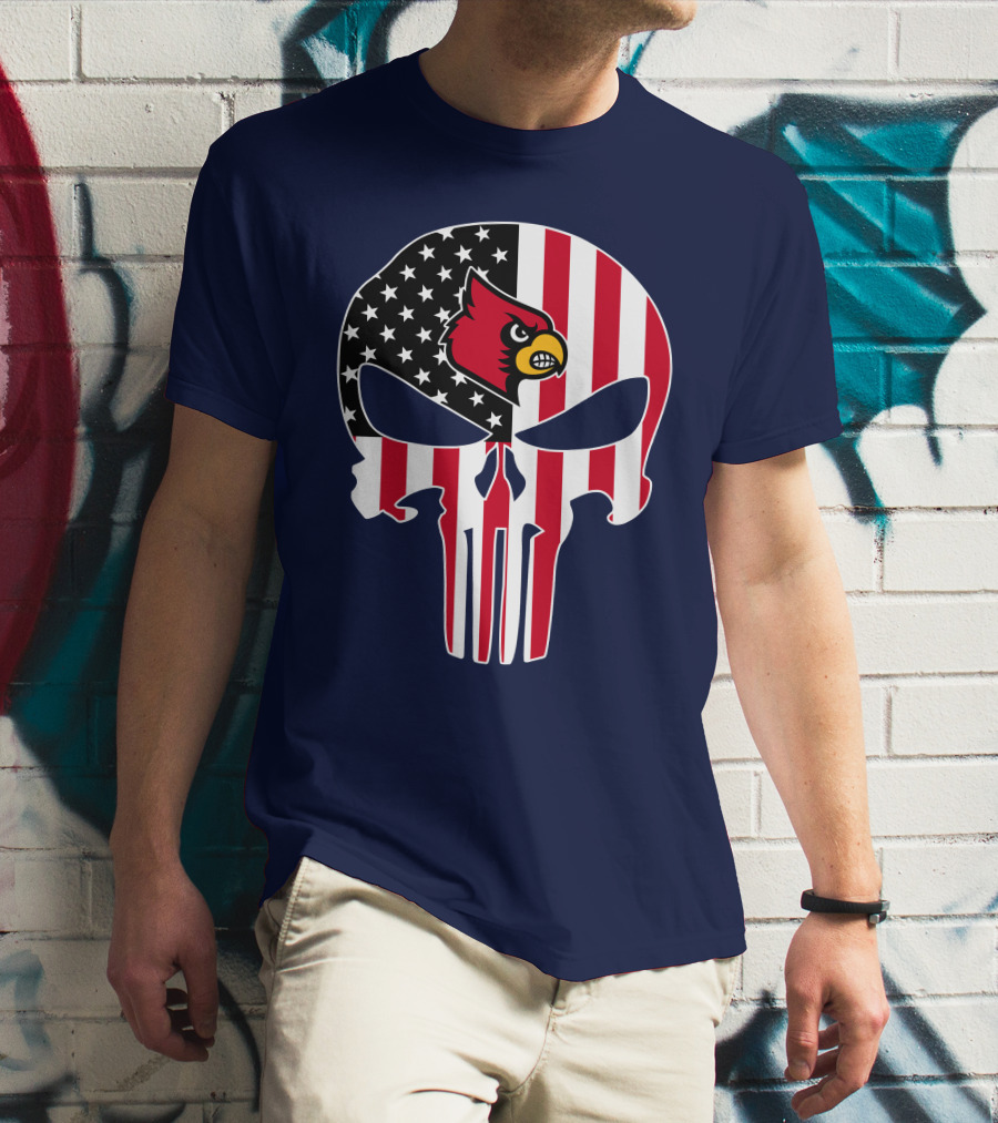 American Flag Punisher Skull Louisville Cardinals T-Shirt