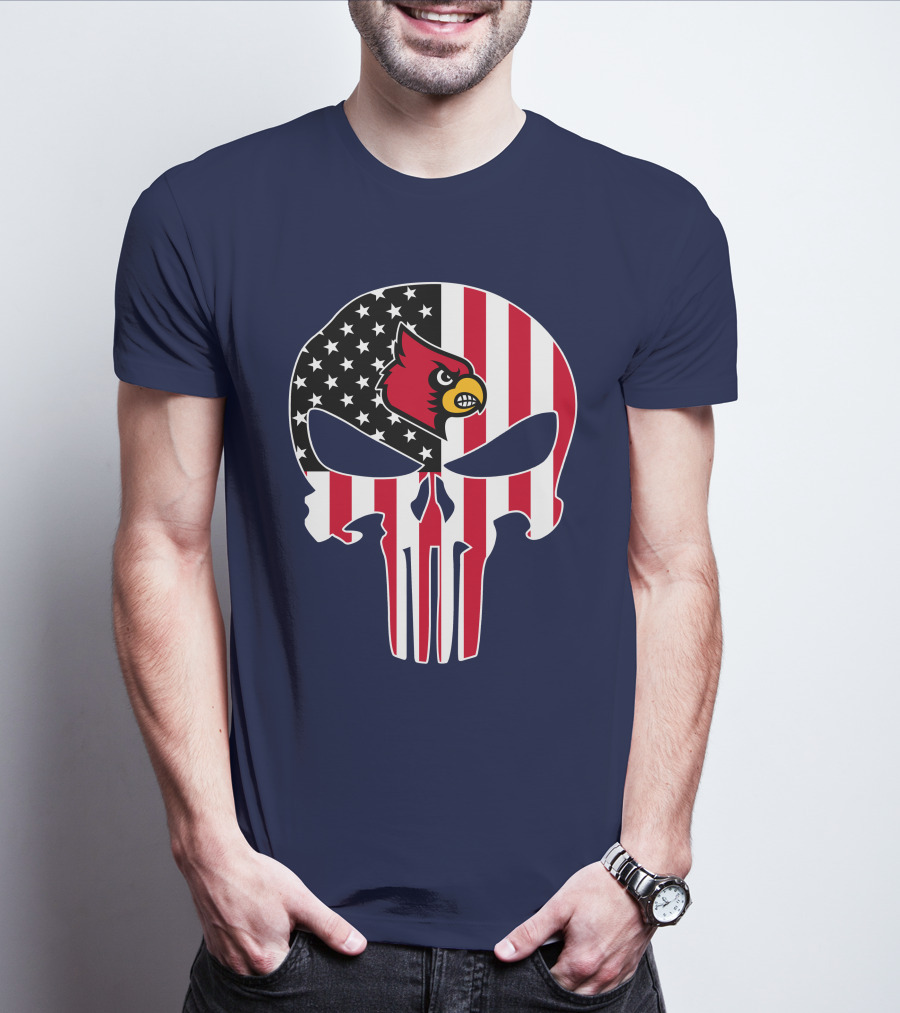 American Flag Punisher Skull Louisville Cardinals T-Shirt