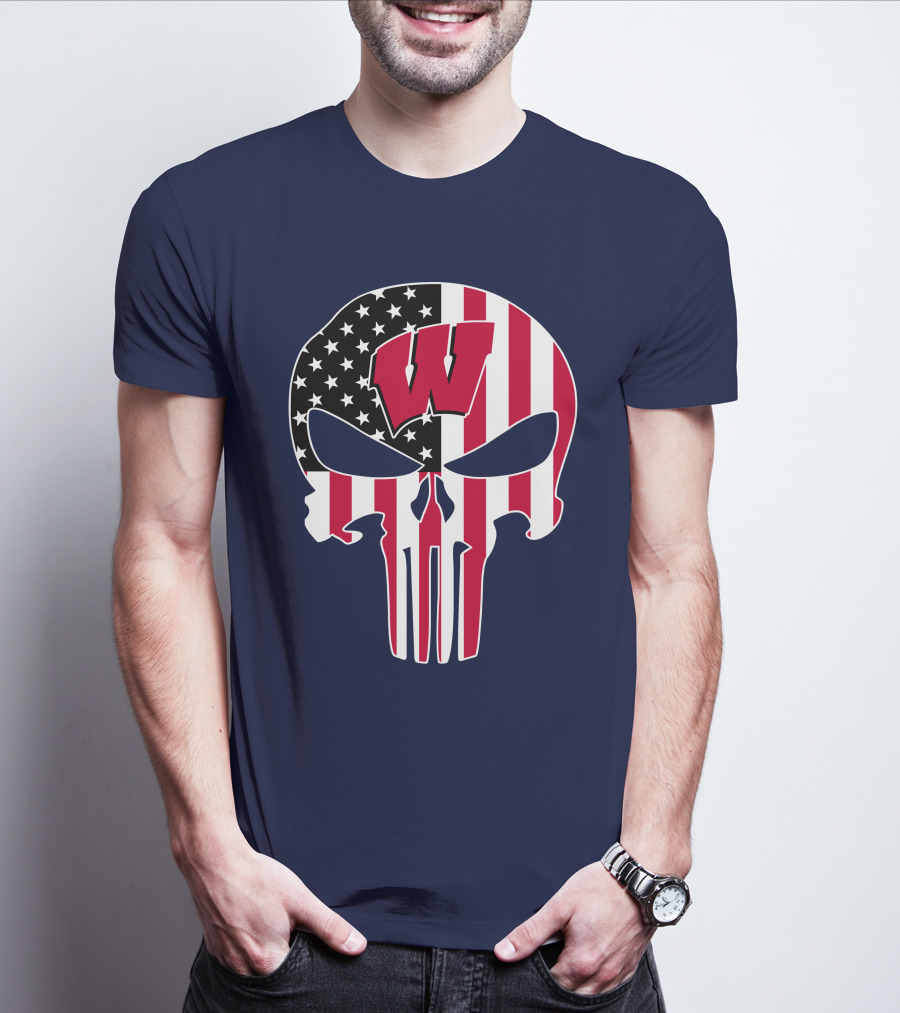 Wisconsin Badgers Punisher Skull American Flag T-Shirt