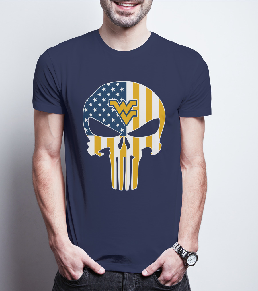 West Virginia Mountaineers The Punisher American Flag Skull T-Shirt