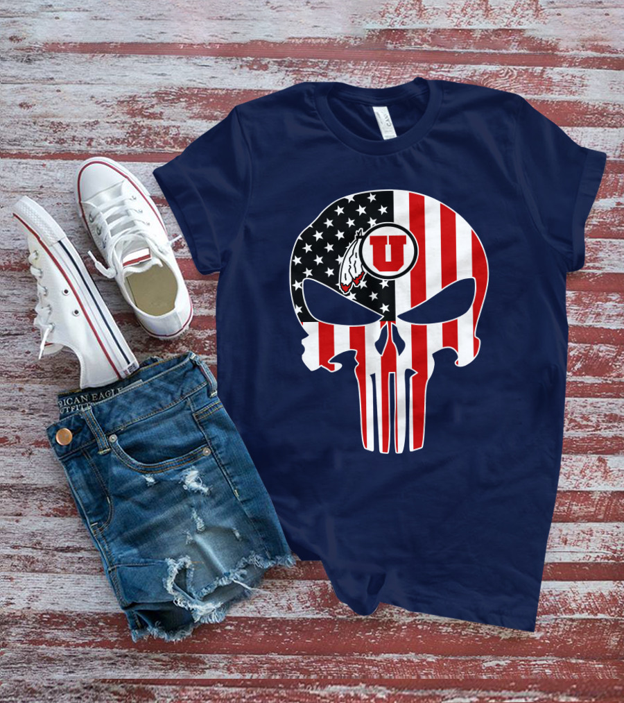 Utah Utes U Logo Punisher Skull American Flag T-Shirt