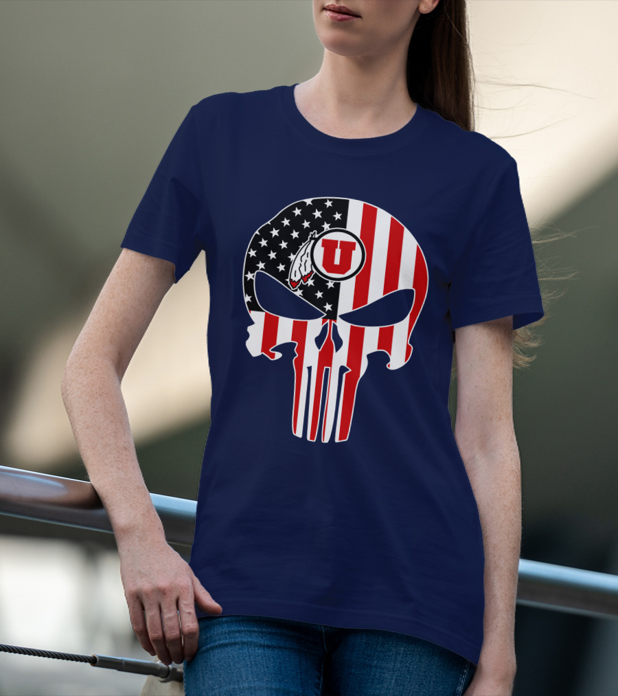 Utah Utes U Logo Punisher Skull American Flag T-Shirt