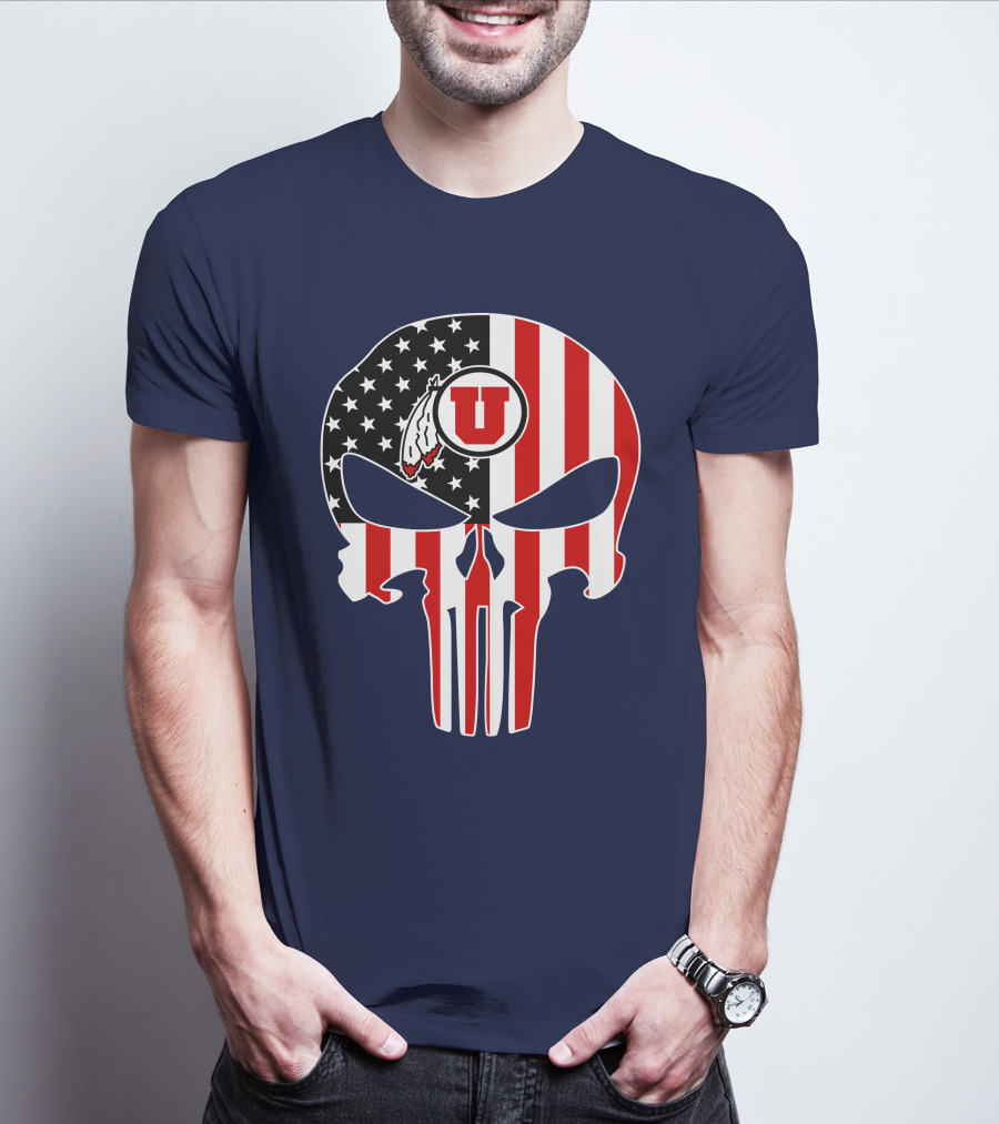 Utah Utes U Logo Punisher Skull American Flag T-Shirt