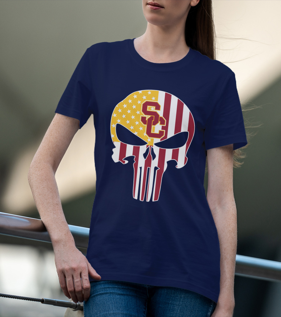 Usc Trojans Skull Punisher American Flag T-Shirt