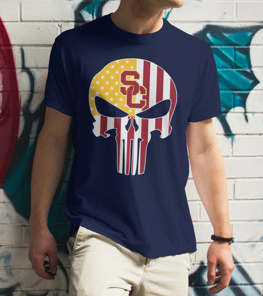 Usc Trojans Skull Punisher American Flag T-Shirt