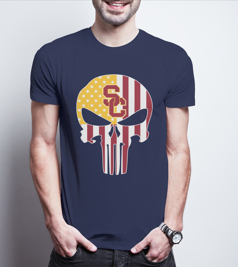 Usc Trojans Skull Punisher American Flag T-Shirt