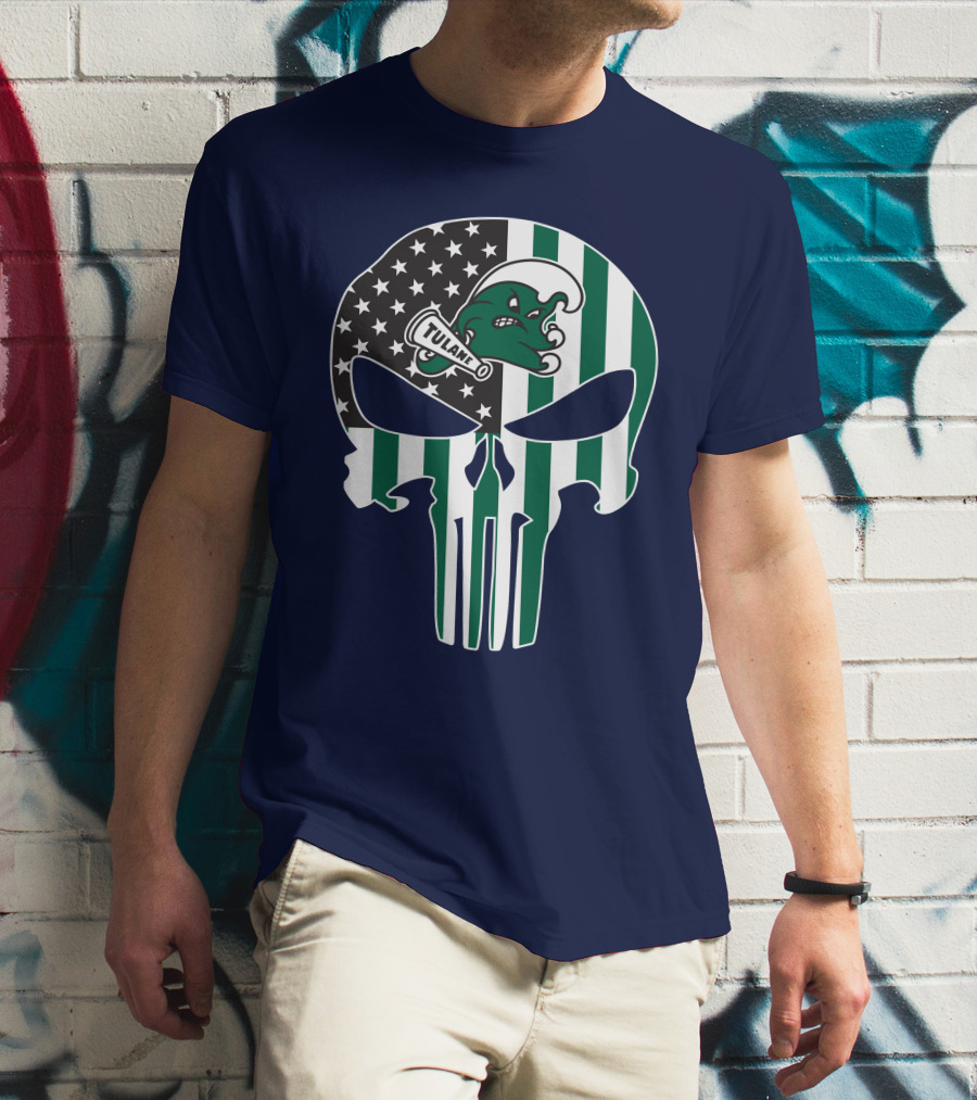Tulane Green Wave 16 Punisher Flag Skull T-Shirt