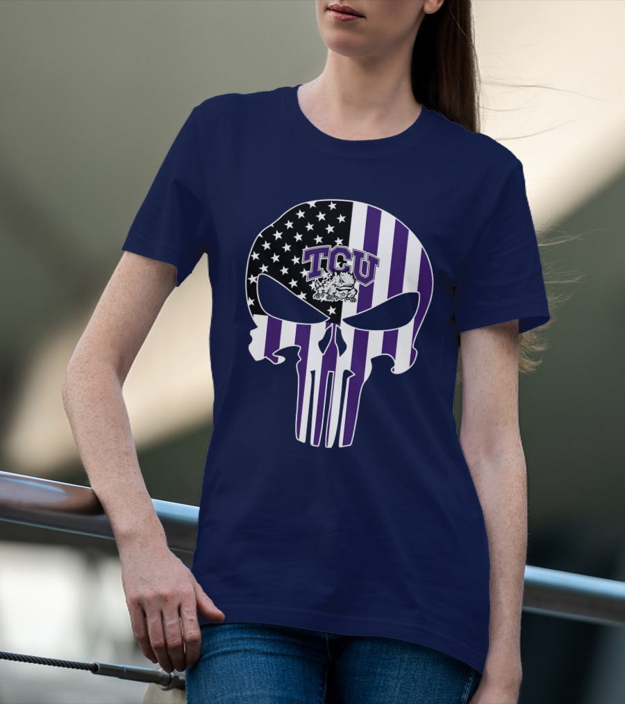 Tcu Horned Frogs Logo With American Flag Punisher Skull T-Shirt