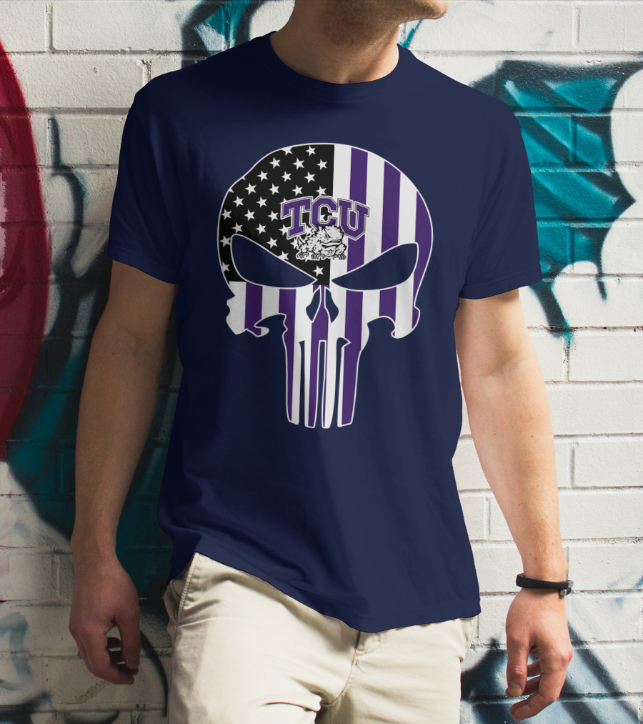 Tcu Horned Frogs Logo With American Flag Punisher Skull T-Shirt