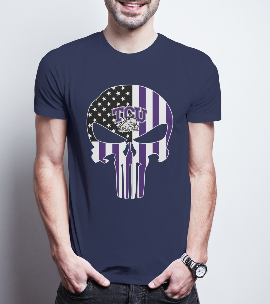 Tcu Horned Frogs Logo With American Flag Punisher Skull T-Shirt