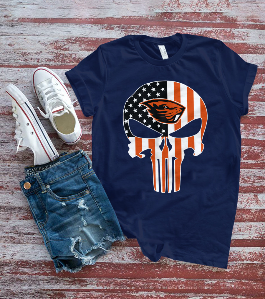 Oregon State Beavers American Flag Skull Logo Punisher 29 T-Shirt