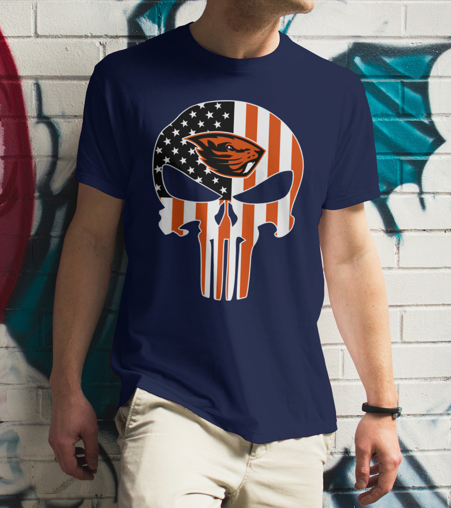 Oregon State Beavers American Flag Skull Logo Punisher 29 T-Shirt