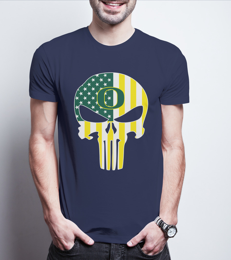 Oregon Ducks Punisher Skull American Flag T-Shirt