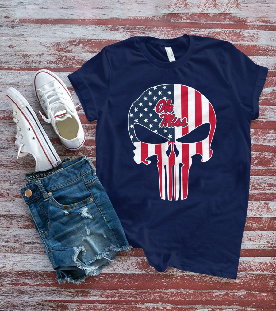 Ole Miss Rebels American Flag Punisher Skull T-Shirt
