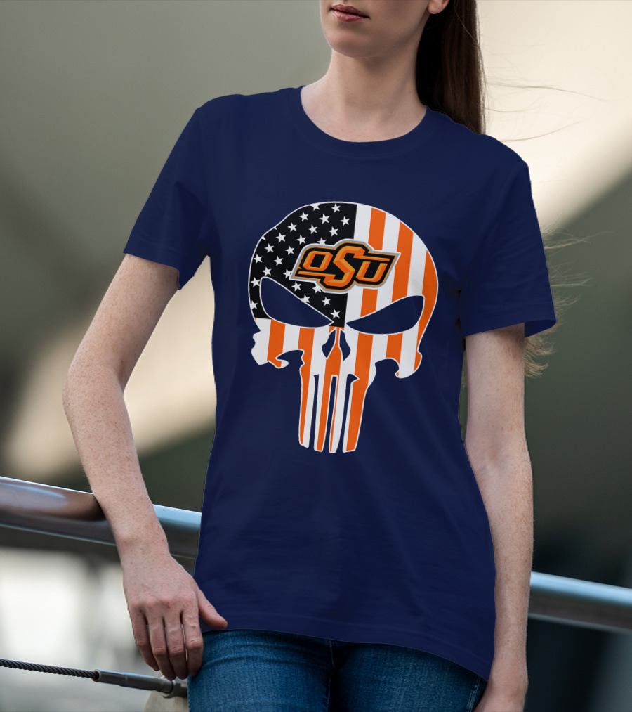 Oklahoma State Cowboys 32 Punisher Skull Osu American Flag T-Shirt