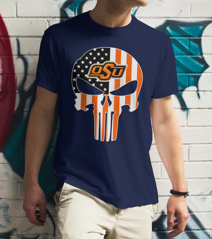 Oklahoma State Cowboys 32 Punisher Skull Osu American Flag T-Shirt