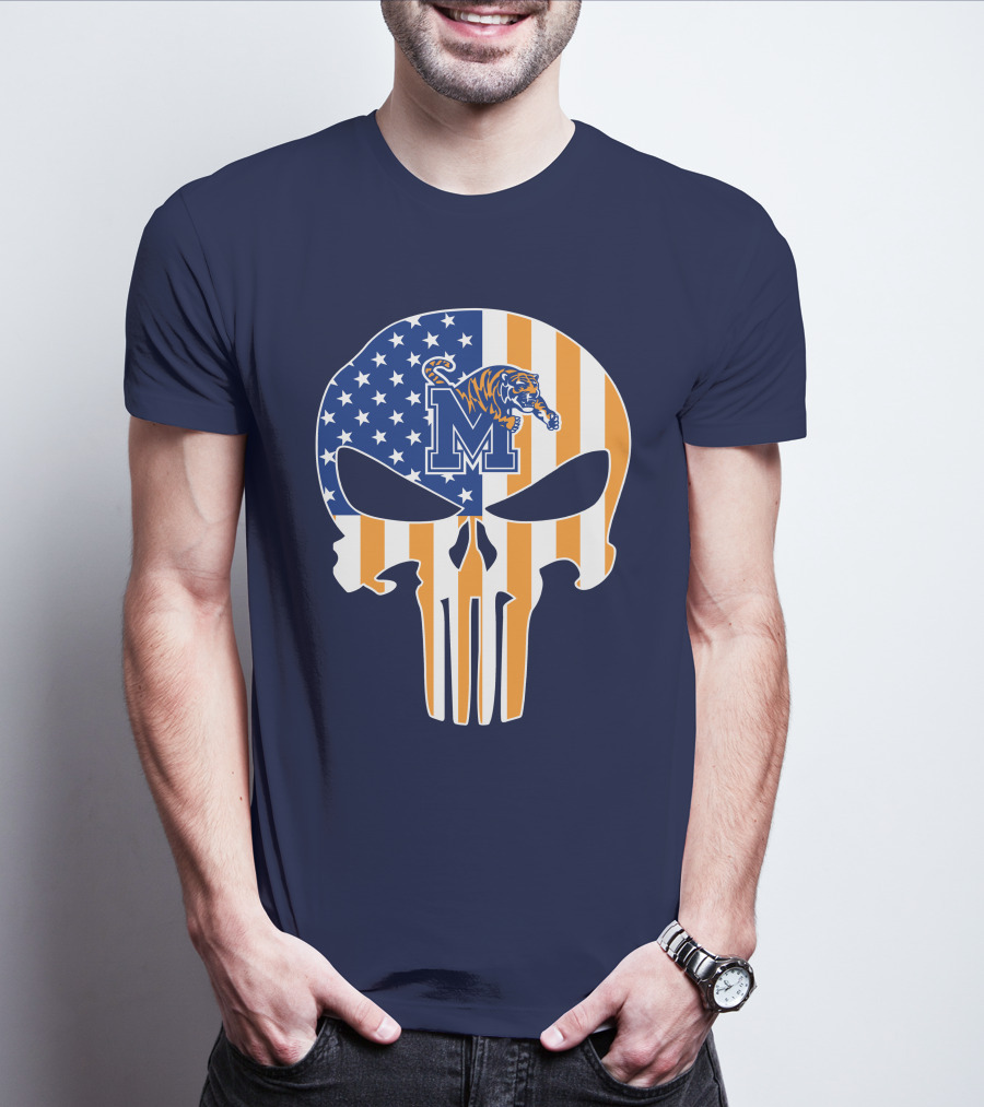 Memphis Tigers Punisher Skull Usa Flag Sports T-Shirt