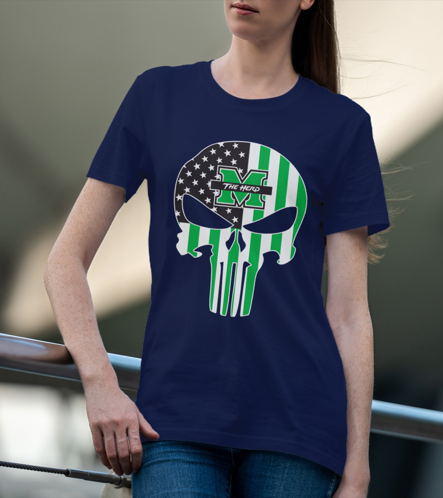 Marshall Thundering Herd The Punisher American Flag Skull T-Shirt