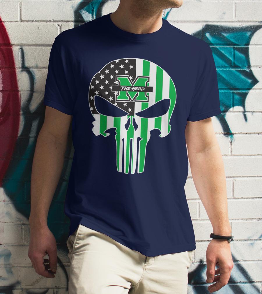 Marshall Thundering Herd The Punisher American Flag Skull T-Shirt