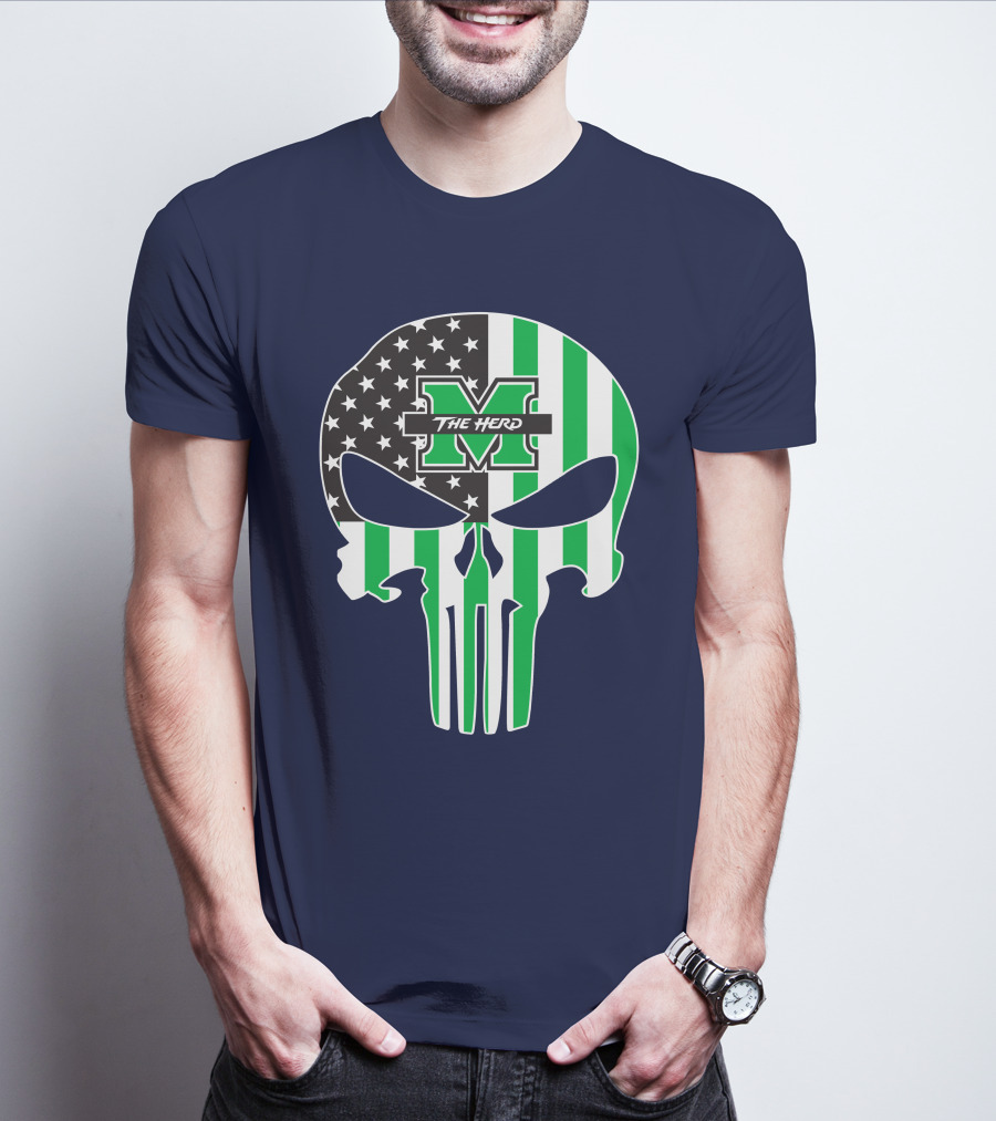 Marshall Thundering Herd The Punisher American Flag Skull T-Shirt