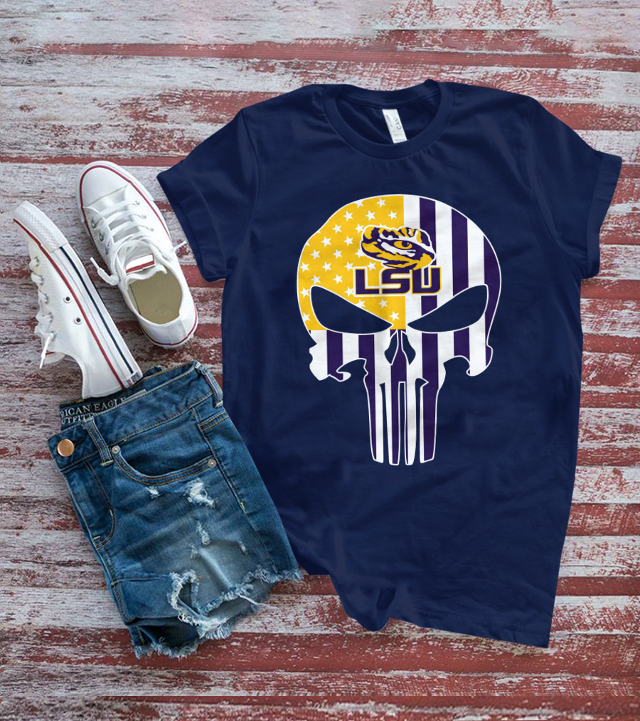 Lsu Tigers Punisher Skull American Flag T-Shirt