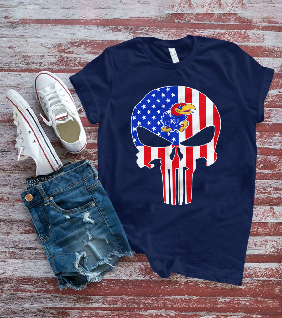 Kansas Jayhawks The Punisher American Flag Skull T-Shirt