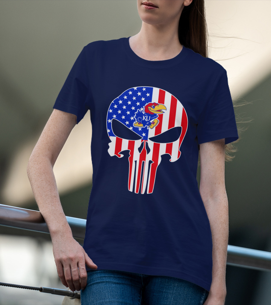 Kansas Jayhawks The Punisher American Flag Skull T-Shirt