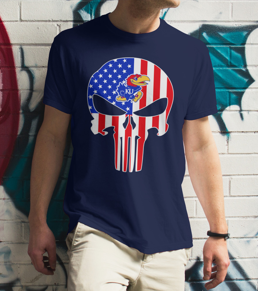 Kansas Jayhawks The Punisher American Flag Skull T-Shirt