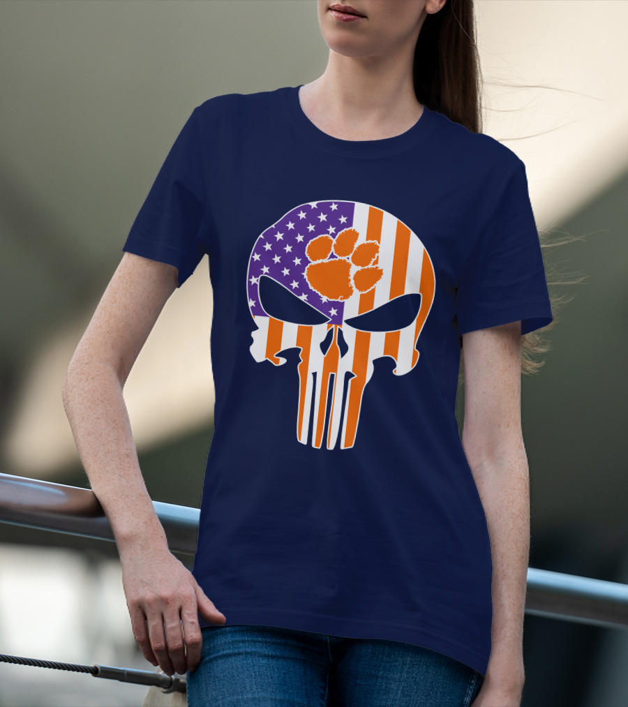 Clemson Tigers The Punisher American Flag Skull Paw T-Shirt