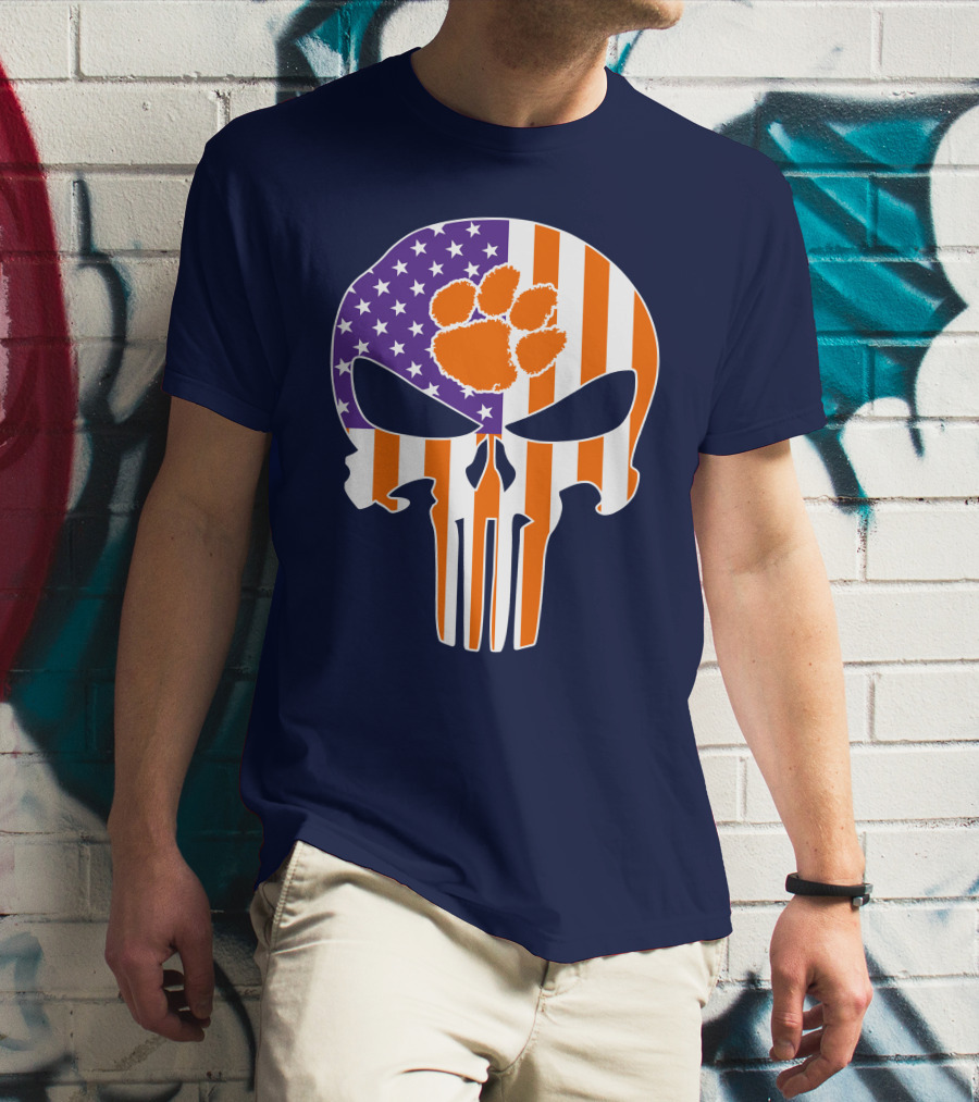 Clemson Tigers The Punisher American Flag Skull Paw T-Shirt