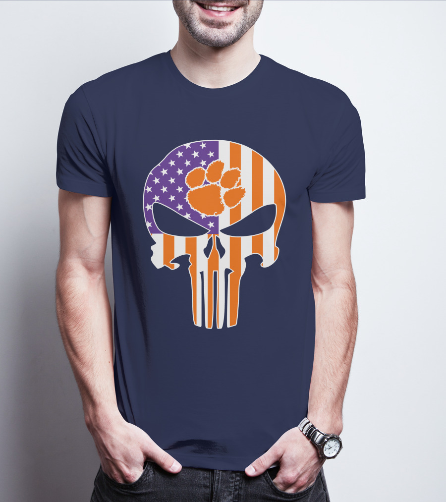 Clemson Tigers The Punisher American Flag Skull Paw T-Shirt