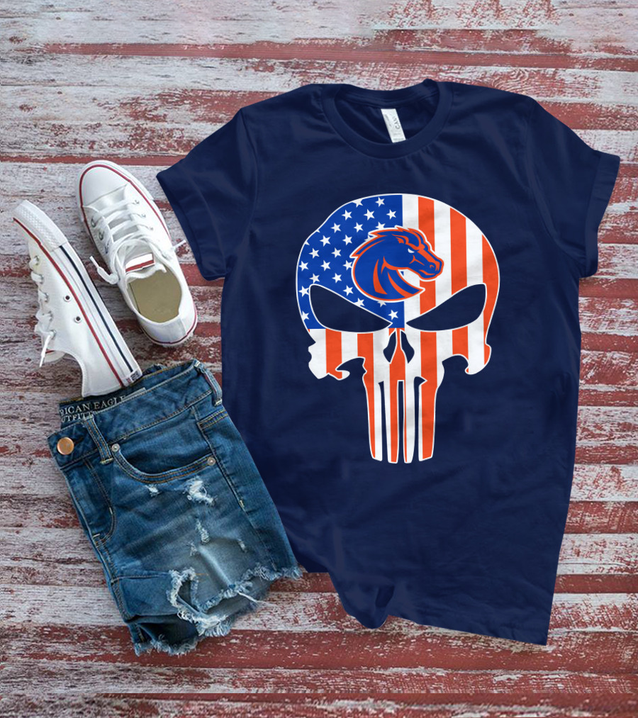 Boise State Broncos The Punisher American Flag Skull T-Shirt