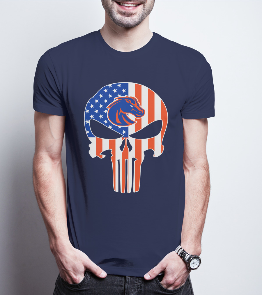 Boise State Broncos The Punisher American Flag Skull T-Shirt