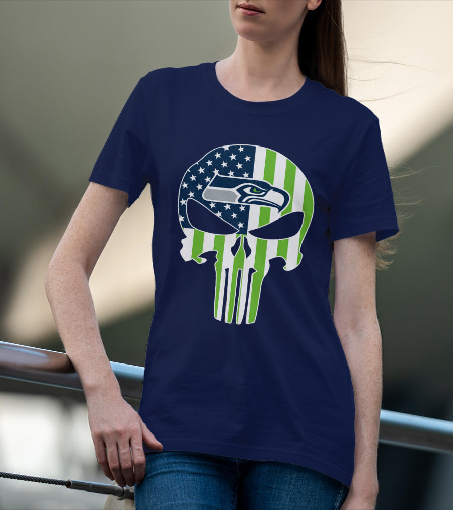 Seattle Seahawks The Punisher Skull American Flag T-Shirt
