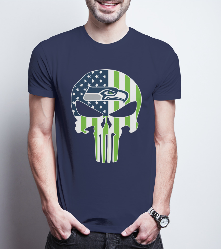 Seattle Seahawks The Punisher Skull American Flag T-Shirt