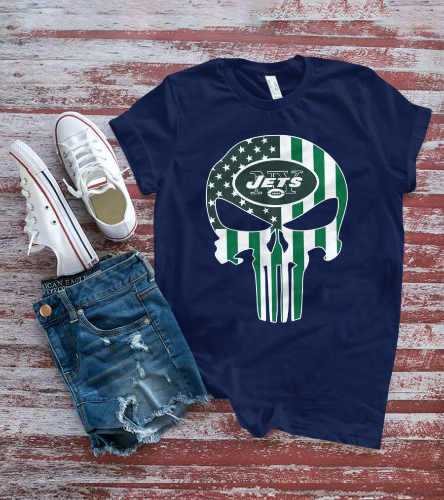 New York Jets Punisher Skull American Flag T-Shirt