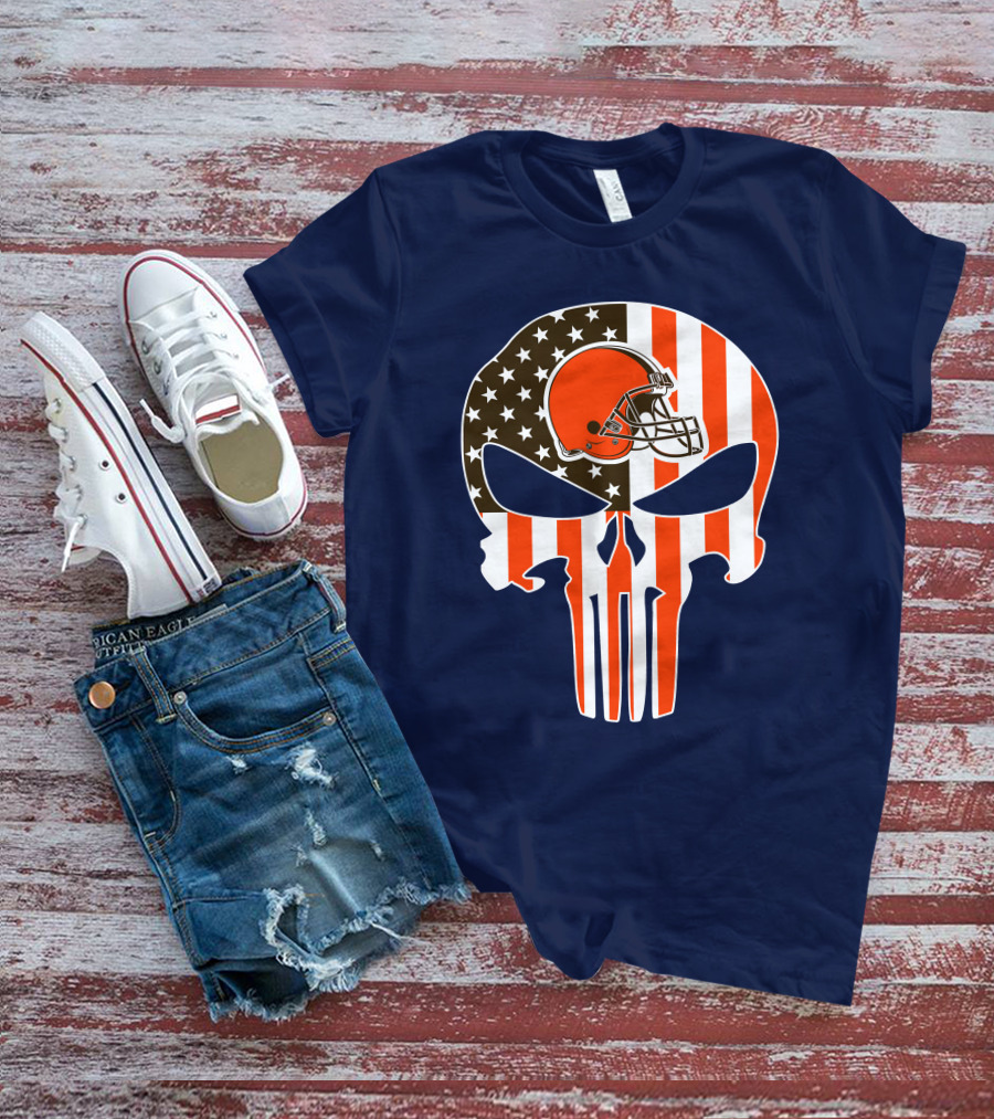 Cleveland Browns The Punisher American Flag Helmet Skull T-Shirt