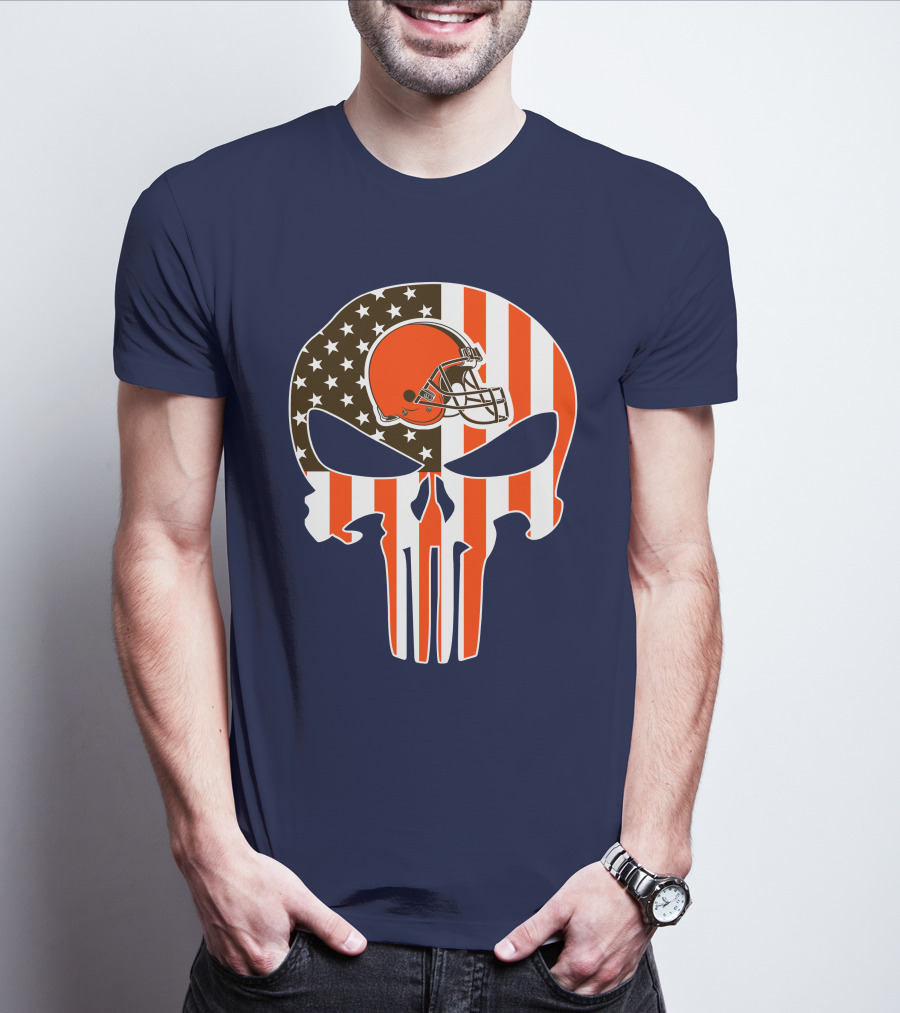 Cleveland Browns The Punisher American Flag Helmet Skull T-Shirt