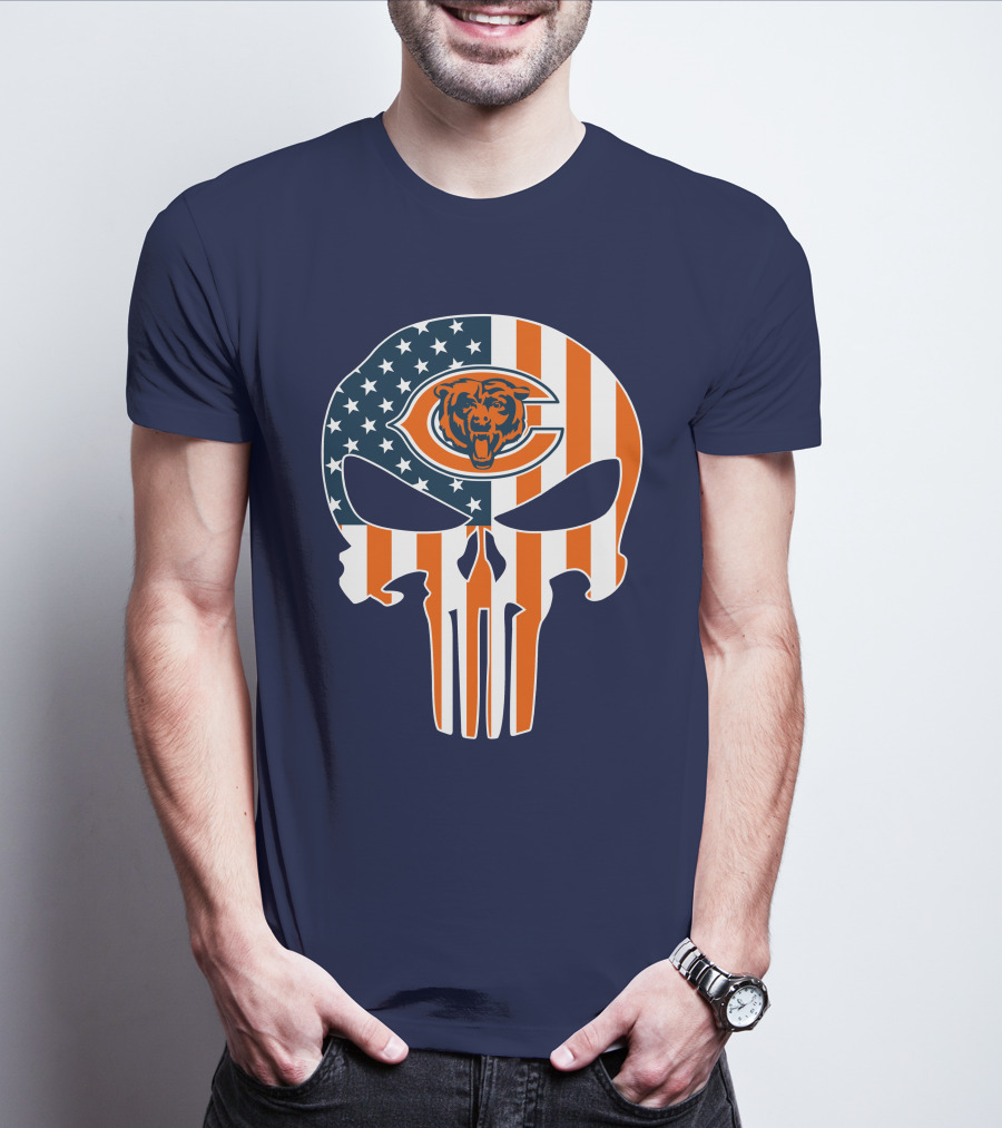 Chicago Bears The Punisher Skull American Flag T-Shirt