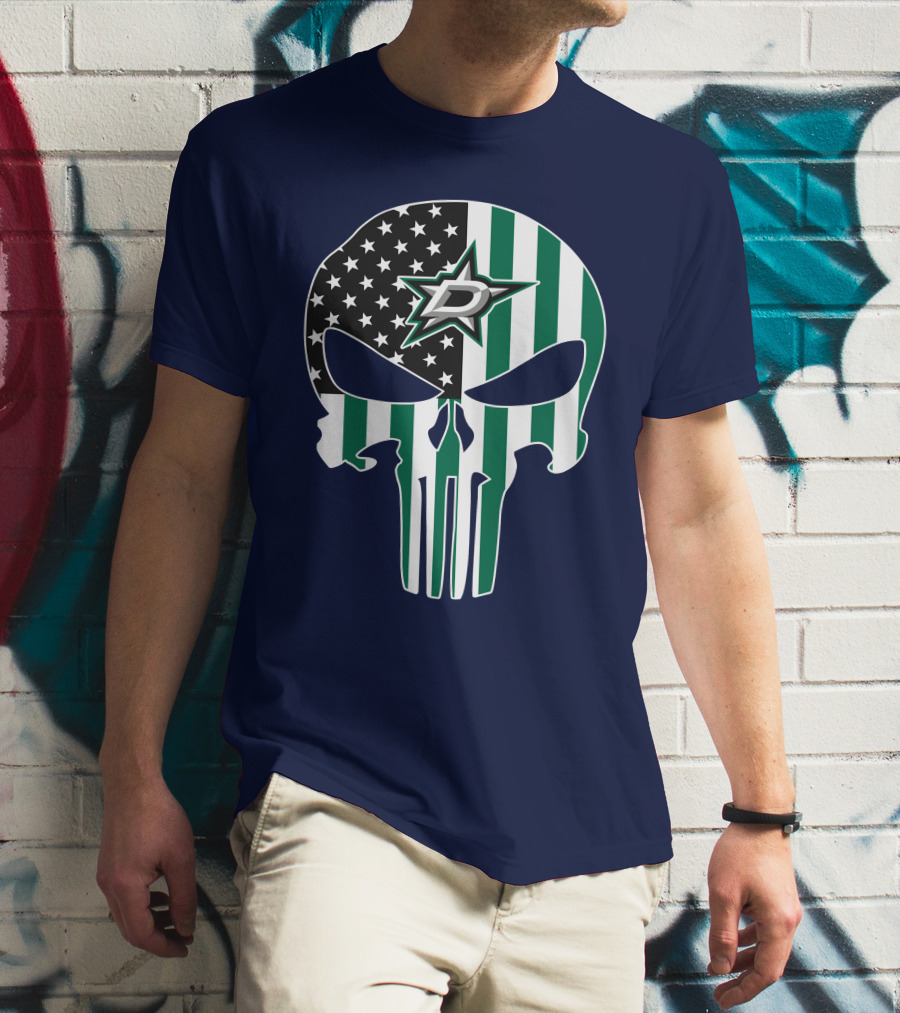 Dallas Stars Punisher Skull American Flag Stripe T-Shirt